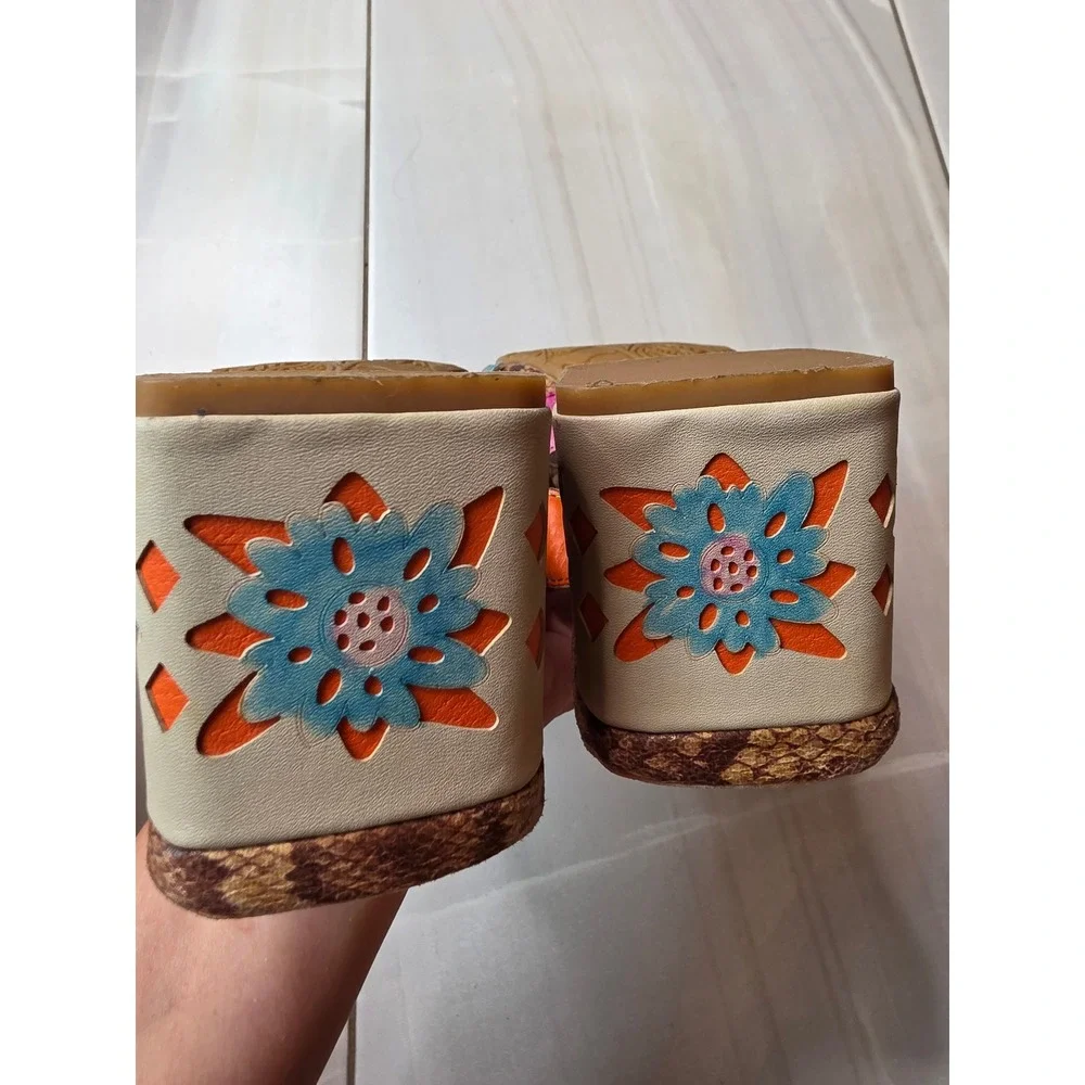 Spring‎ Step LArtiste Leather Floral Slide Sandals Block Heel Women size 40 F1